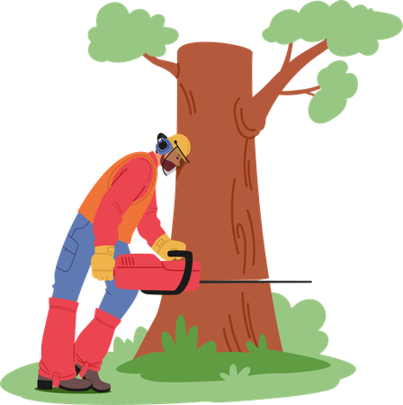 Lumberjack Uses Chainsaw To Cut Down Tree  Illustration