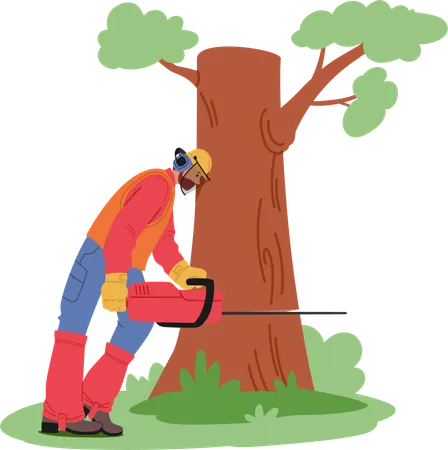 Lumberjack Uses Chainsaw To Cut Down Tree  Illustration