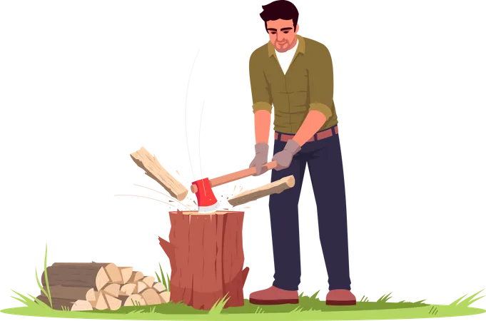 Lumberjack Semi Flat RGB Color Vector Illustration Rural Lifestyle Activity Handyman With Axe In Backyard With Wood Logs Man Cut Wood Isolated Cartoon Character On White Background Illustration