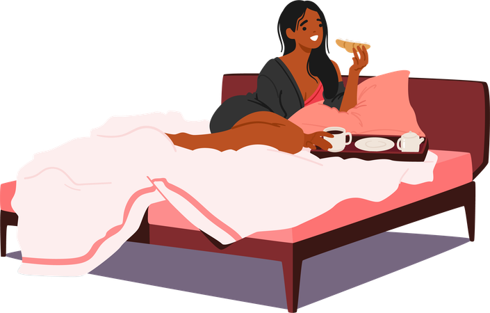 La lumière matinale radieuse embrasse le visage d’une femme noire alors qu’elle savoure un somptueux petit-déjeuner au lit  Illustration