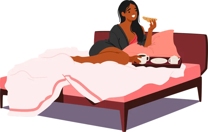 La lumière matinale radieuse embrasse le visage d’une femme noire alors qu’elle savoure un somptueux petit-déjeuner au lit  Illustration