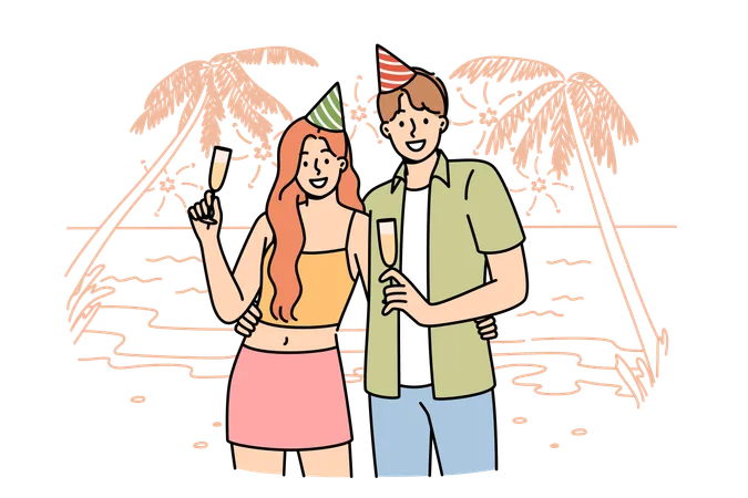 Feliz pareja de luna de miel bebiendo champán y de pie en la playa del soleado resort  Ilustración