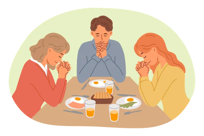 Lunchtime prayer from catholic family thanking god for presence of food on table  Illustration