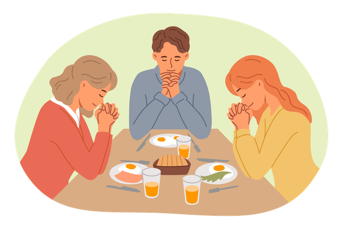 Lunchtime prayer from catholic family thanking god for presence of food on table  Illustration