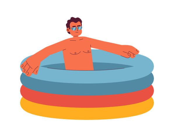 Homme hispanique de lunettes de soleil dans une piscine gonflable  Illustration