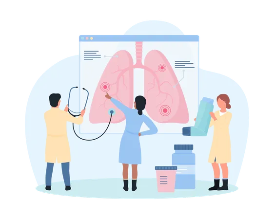 Study Of Lung Diseases Pulmonology Vector Illustration Cartoon Tiny Doctors Or Students With Stethoscope Analyzing Detailed Infographic Anatomy Chart With Human Organ People Research Lungs Illustration