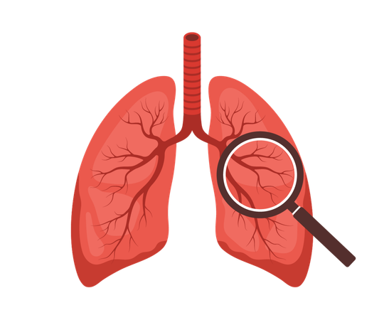 Lungs disease. Human internal organ with large magnifier. Lungs medical diagnosis and treatment. Vector illustration in flat cartoon style  Illustration