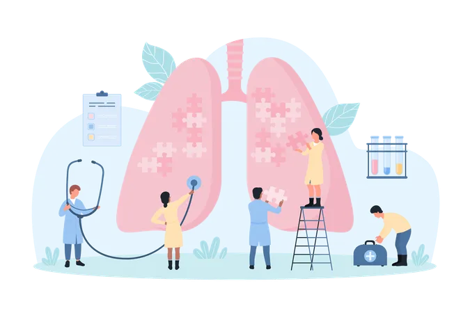 Lungs Health Pulmonology Vector Illustration Cartoon Tiny Doctors Pulmonologists Connect Parts Of Puzzle Jigsaw Inside Human Lungs People Work On Diagnosis Of Pulmonary Disease With Stethoscope Illustration