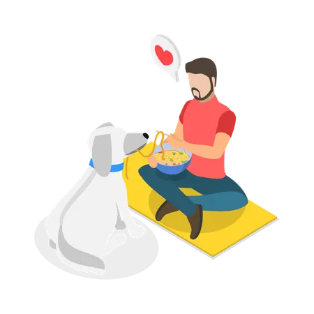 Uomo che nutre il cane mentre ama e cura gli animali  Illustration