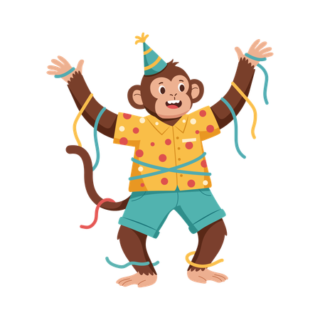 Lustiger Affe tanzt mit Geburtstagshut  Illustration