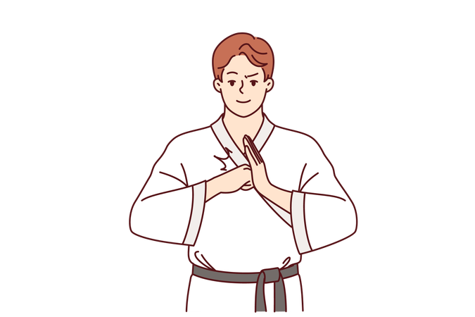 Homem lutador com roupas de karatê faz gesto de boas-vindas  Ilustração