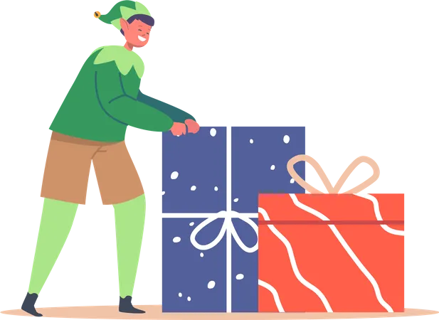 Un garçon elfe de Noël pousse un tas de coffrets cadeaux  Illustration