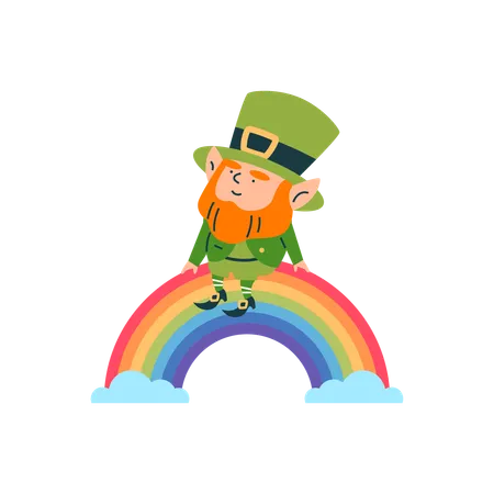 Joyeux lutin assis sur un arc-en-ciel en costume vert  Illustration