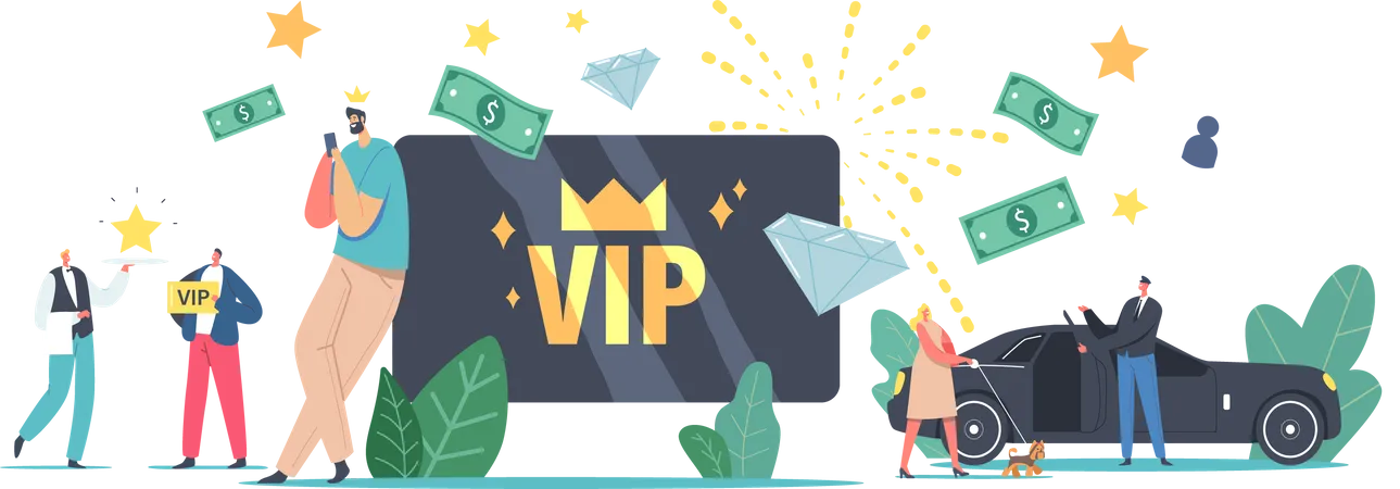 VIP Card Celebrity Persons Lifestyle Concept Luxury Characters With Gold Cards Get Premium Service Woman With Dog Enter Limousine Waiter Carry Star On Tray Cartoon People Vector Illustration Illustration