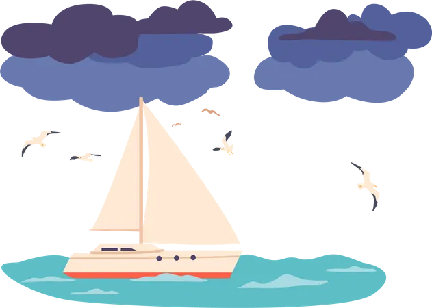 Luxurious Yacht Gliding Gracefully On The Tranquil Sea Surrounded By Stunning Blue Waters And An Endless Horizon Offering A Serene And Indulgent Experience Cartoon Vector Illustration Illustration