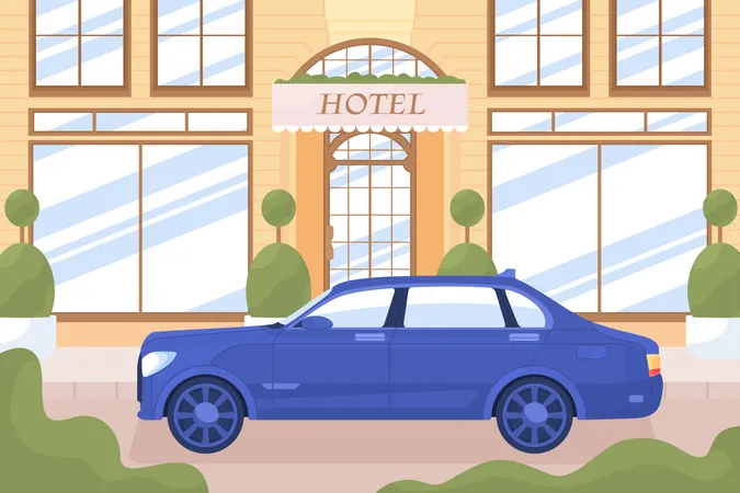 Luxury car near hotel building on city street  Illustration