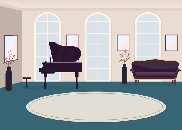 Luxury Music Hall Flat Color Vector Illustration Grand Piano For Concert Contemporary Room Rich House For Entertainment Event 2 D Cartoon Interior With Musical Instrument On Background イラスト