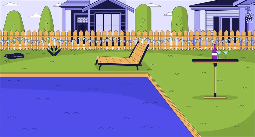 Luxury Poolside Area Cartoon Flat Illustration Party And Relax Backyard Swimming Pool In Summer 2 D Line Landscape Colorful Background Recreation At Swimpool Scene Vector Storytelling Image Illustration
