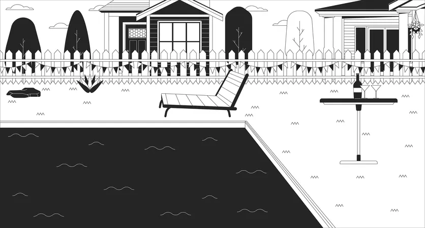 Luxury Poolside Area Black And White Line Illustration Party And Relax Backyard Swimming Pool In Summer 2 D Landscape Monochrome Background Recreation At Swimpool Outline Scene Vector Image Illustration