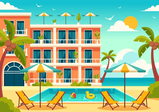 Hotel Vector Illustration Of Interior And Exterior With Building On Green Grass Beach And Promenade Street And Palm Trees In Flat Cartoon Background Illustration
