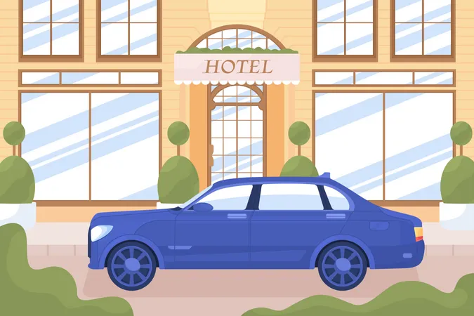 Luxusauto in der Nähe des Hotelgebäudes auf der Stadtstraße  Illustration