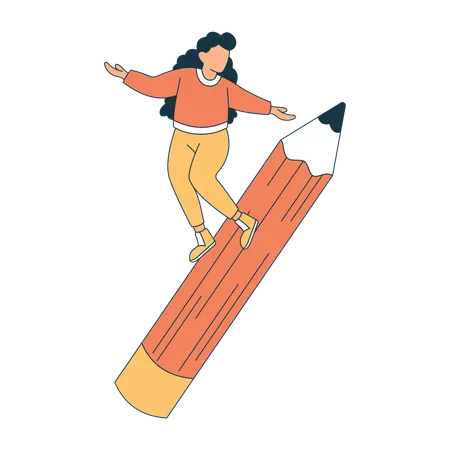 Une lycéenne surfe sur un crayon géant  Illustration