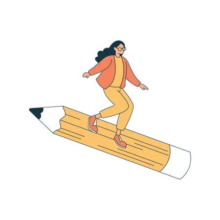 Une lycéenne surfe sur un crayon géant  Illustration