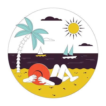 Vacation Beach Flat Line Vector Spot Round Illustration Lying Sunbathing Girl Looking At Ocean 2 D Cartoon Outline Character On White For Web UI Design Editable Isolated Colorful Hero Image Illustration