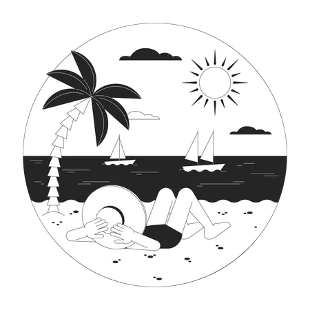 Vacation Beach Bw Vector Spot Round Illustration Lying Sunbathing Girl Looking At Ocean 2 D Cartoon Flat Line Monochromatic Character For Web UI Design Editable Isolated Outline Hero Image Illustration