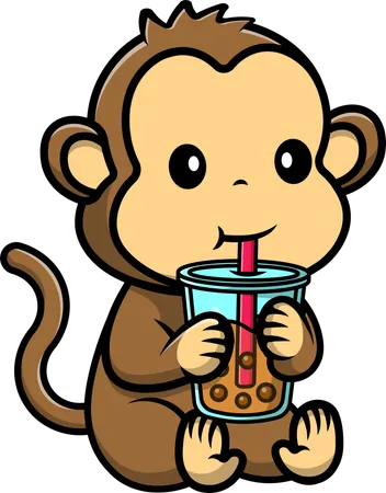 Macaco bebe chá com leite de boba  Ilustração