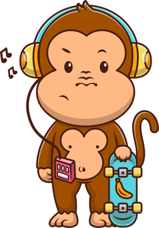 Macaco ouvindo música e segurando um skate  Ilustração