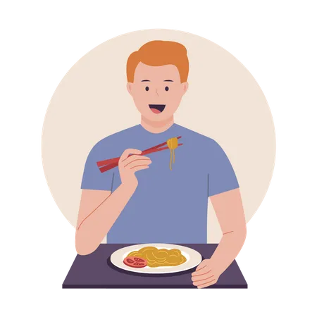 Homem comendo macarrão  Ilustração