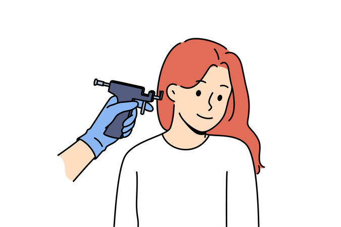 Machine for piercing ears near woman visiting cosmetologist to get opportunity to wear earrings  Illustration