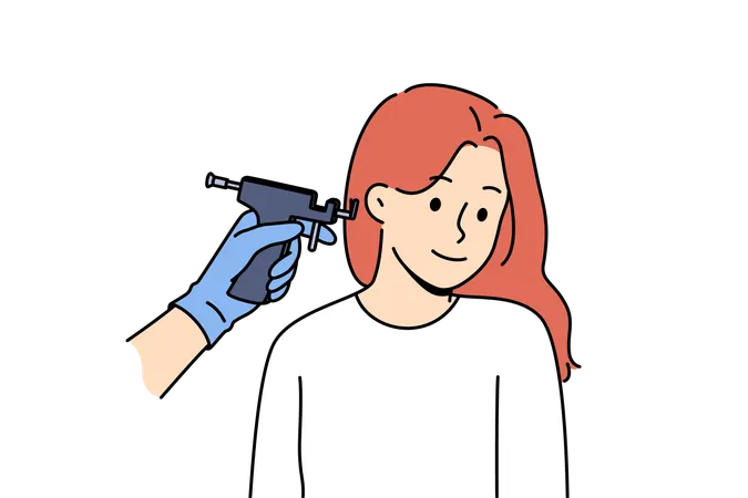 Machine for piercing ears near woman visiting cosmetologist to get opportunity to wear earrings  Illustration