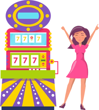 Young Beautiful Woman Play In Gambling Person Win And Raising Hands Up Lady Wearing Dress Won Money In Slot Machine Showing Lucky Sevens 777 Luck And Bingo In Casino Vector N Flat Style Illustration