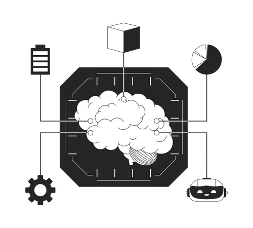 Machine Learning Brain Black And White 2 D Illustration Concept Data Analytics Software Computing Platform Cartoon Outline Object Isolated On White Digital Processing Metaphor Monochrome Vector Art Illustration