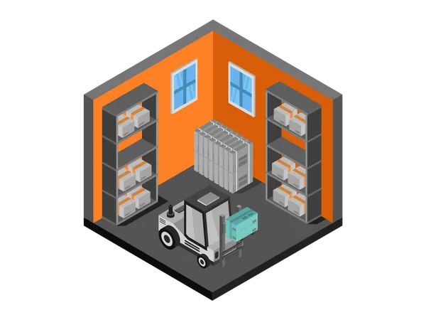 Machine lifting product box in warehouse  Illustration