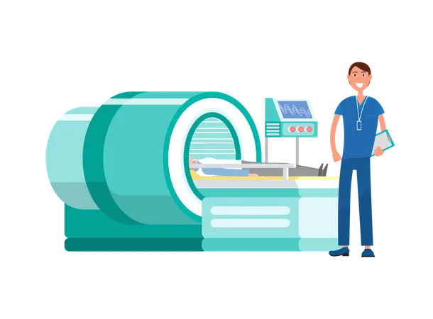 Doctor Novice On Practice In Hospital Vector Mri Magnetic Resonance Imaging Machine Isolated Doc Assistant With Patients Equipment For Diagnostics イラスト