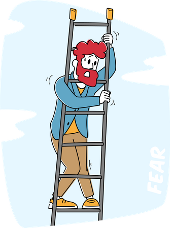 Homem assustado fica na escada e sente medo de altura  Ilustração