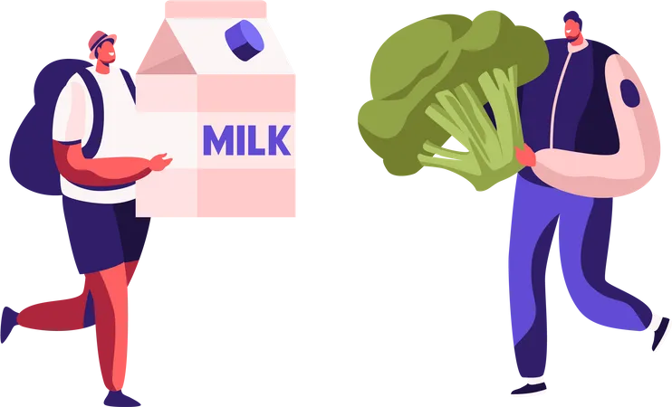 Masculino carrega caixa de leite e brócolis  Ilustração
