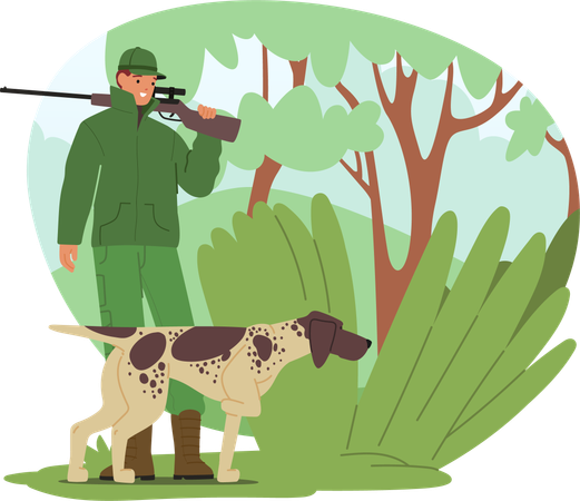 Cazador macho con perro  Ilustración