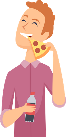 Macho comendo pizza e bebendo bebida gelada  Ilustração