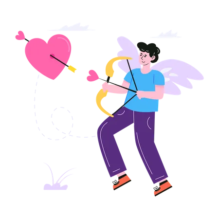 Cupido masculino atirando flecha no coração  Ilustração