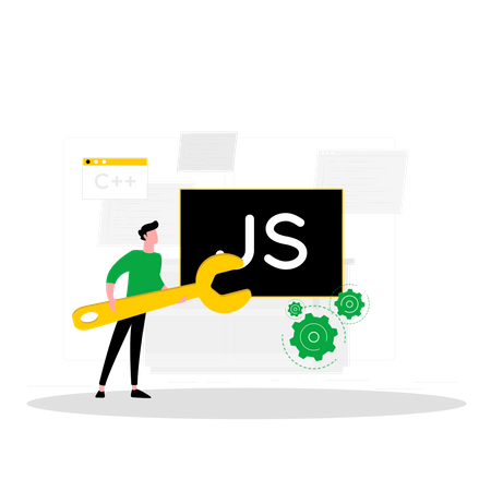 Desenvolvedor JS masculino trabalhando com javascript  Ilustração