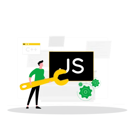 Desenvolvedor JS masculino trabalhando com javascript  Ilustração