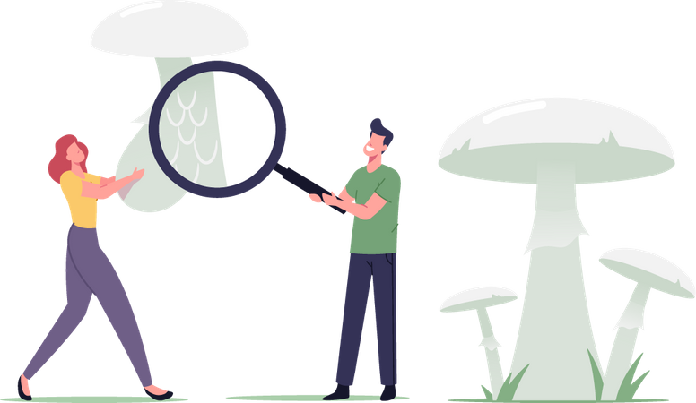 Masculino e feminino aprendendo cogumelo venenoso com enorme lupa  Ilustração