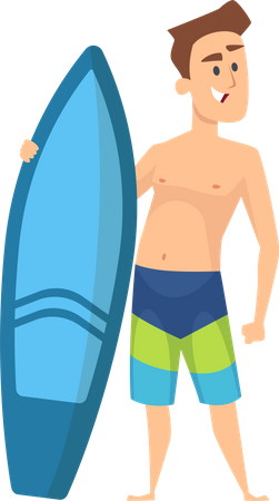 Macho em pé com prancha de surf  Ilustração