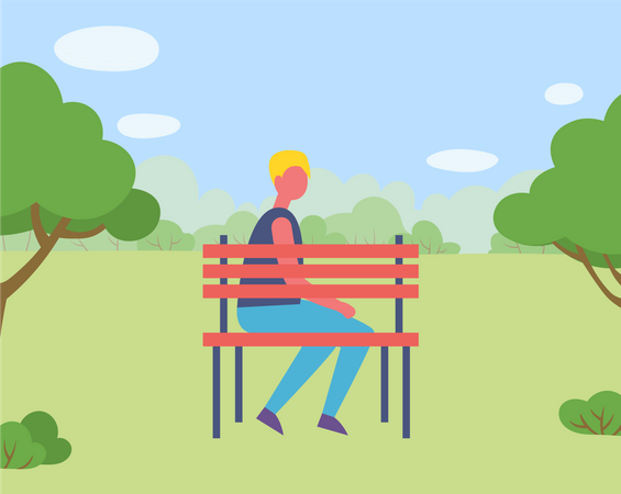 Hombre en banco cerca de árboles  Ilustración