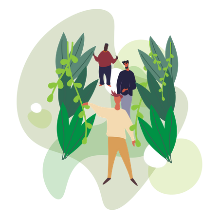 Macho en jardín con grandes hojas verdes  Ilustración