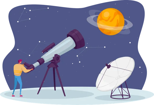Homem observando o espaço no telescópio estudando o cosmos  Ilustração